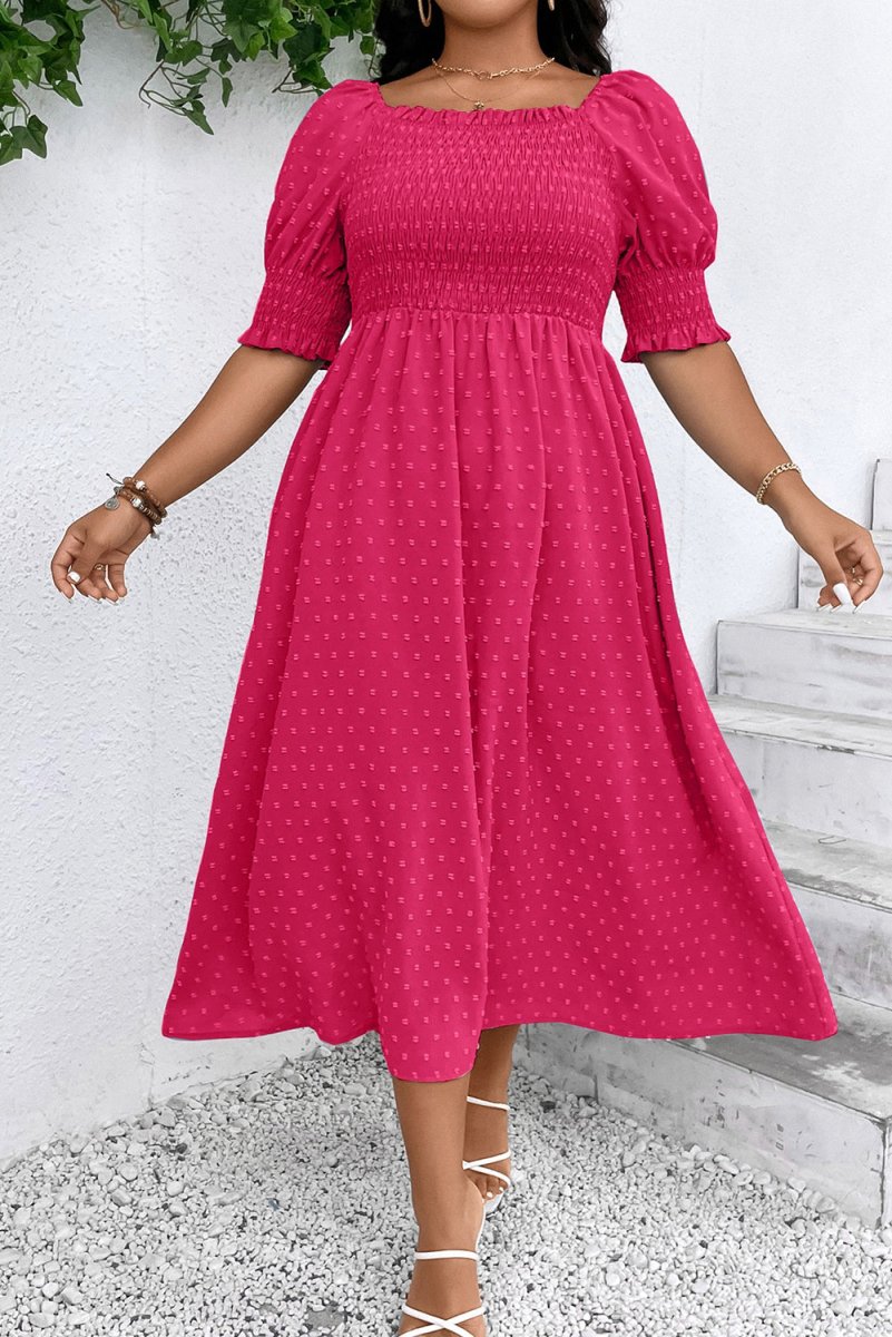 Sachet Pink Swiss Dot Smocked Frilled Neckline Plus Size Dress - Love Salve